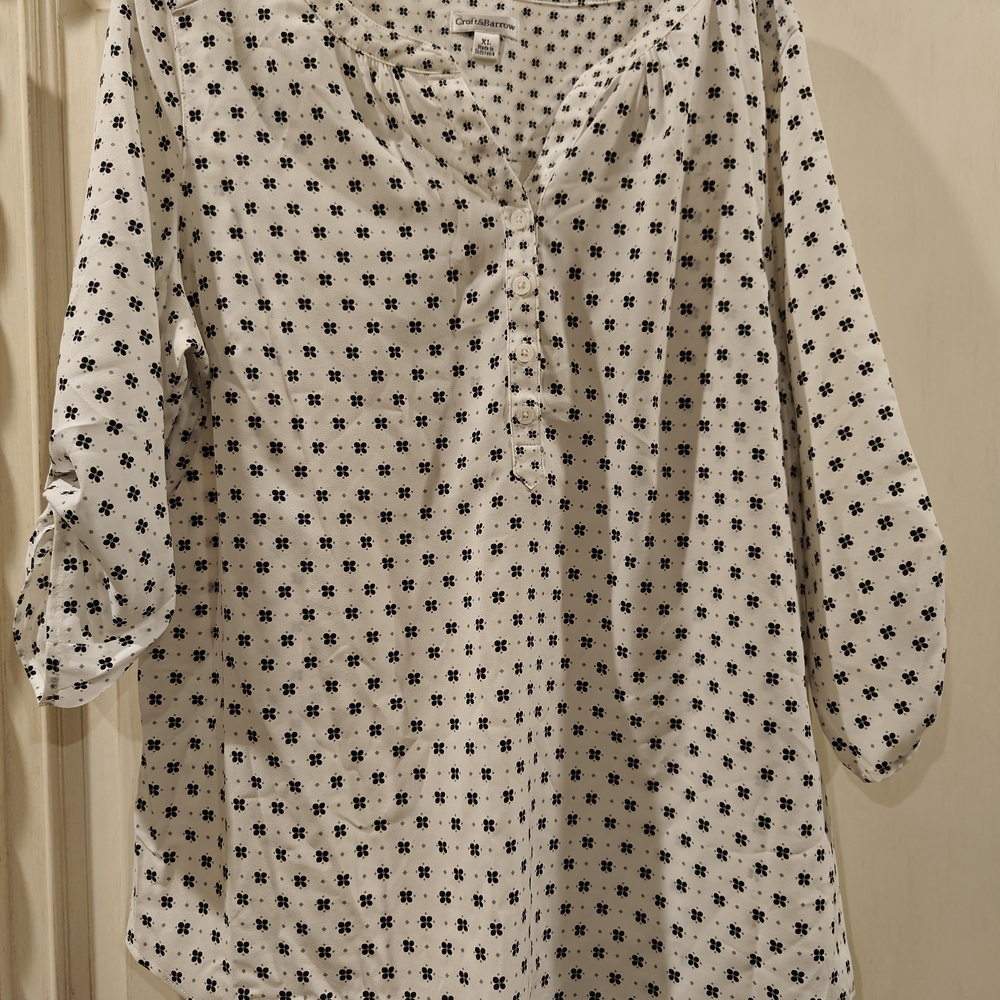 Croft & Barrow White Blouse with Black Floral Design
